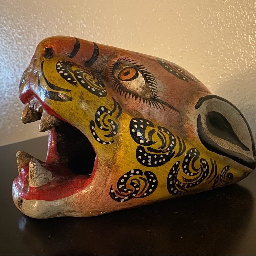 Handcrafted Mexican Folk Art Carved Wood Jaguar Leopard Wall Mask Sculpture - Picture 2 of 7